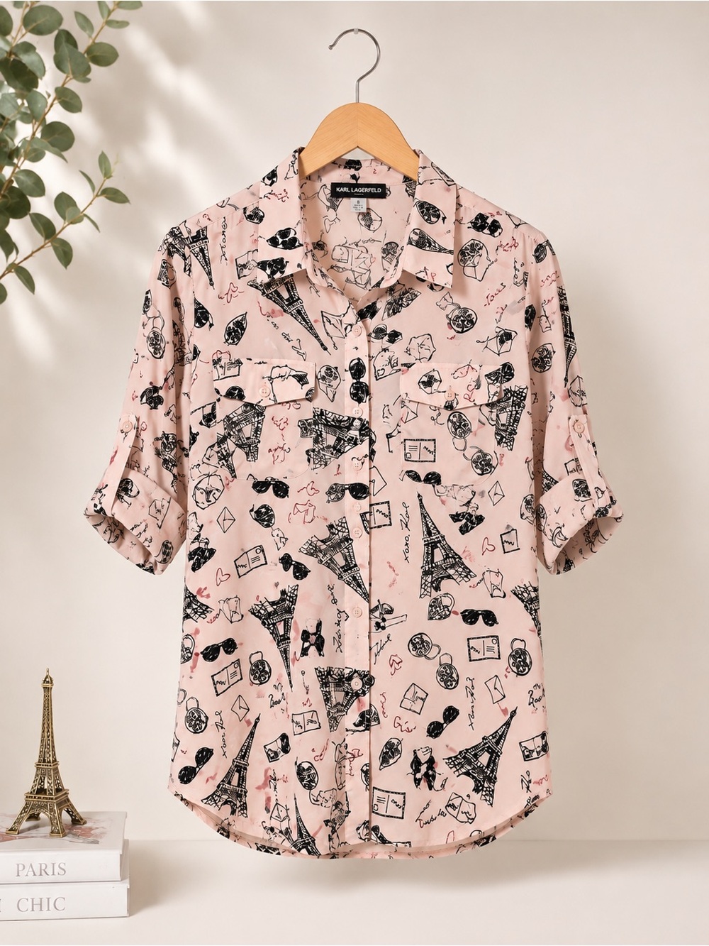 Karl Lagerfeld Pale Pink Eiffel Tower Print Button-Down Blouse (374)